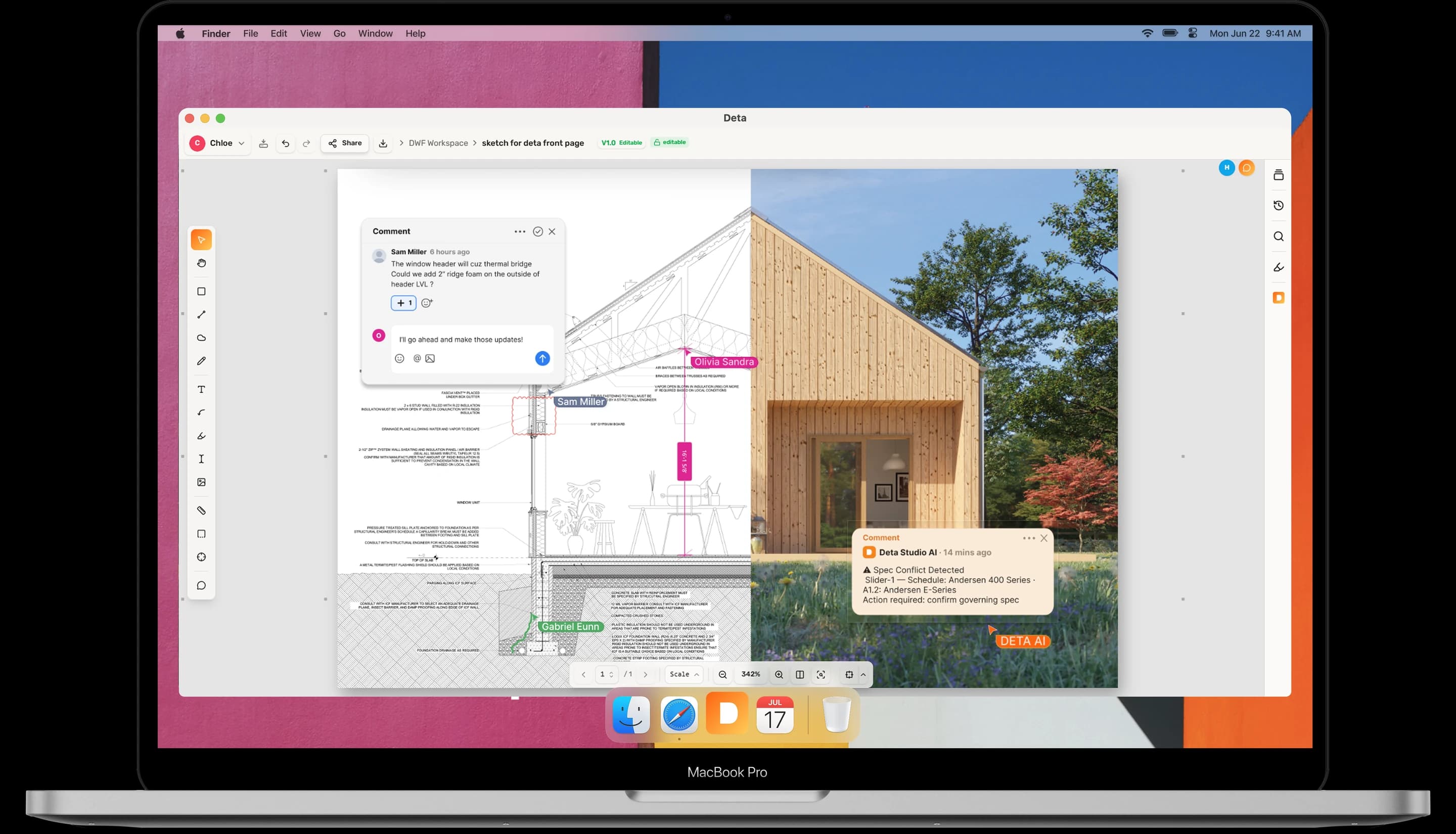 Deta Studio on a MacBook Pro with teammates and Deta AI reviewing a construction drawing in real time